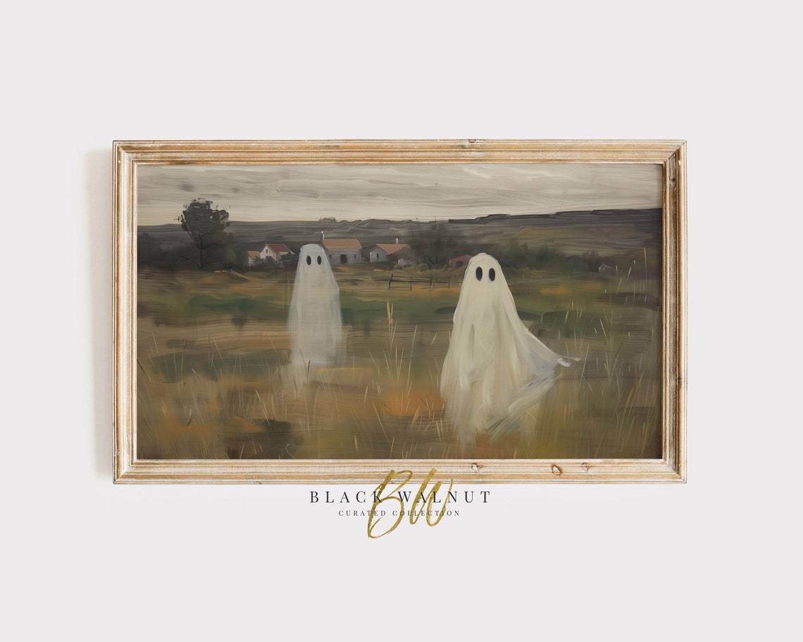 Two Ghosts in Fall Meadow with Village Vintage Halloween Art Poster
