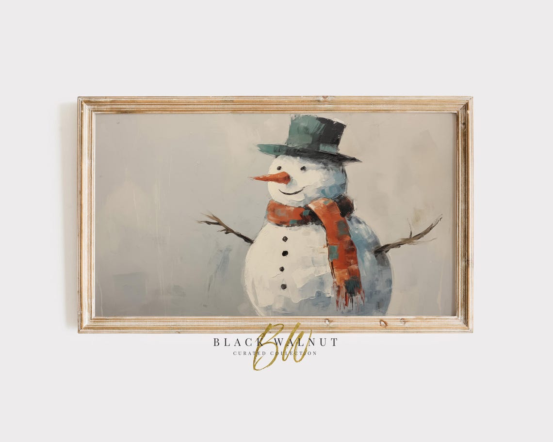 Smiling Snowman Top Hat Plaid Scarf Neutral Gray Winter Art Poster
