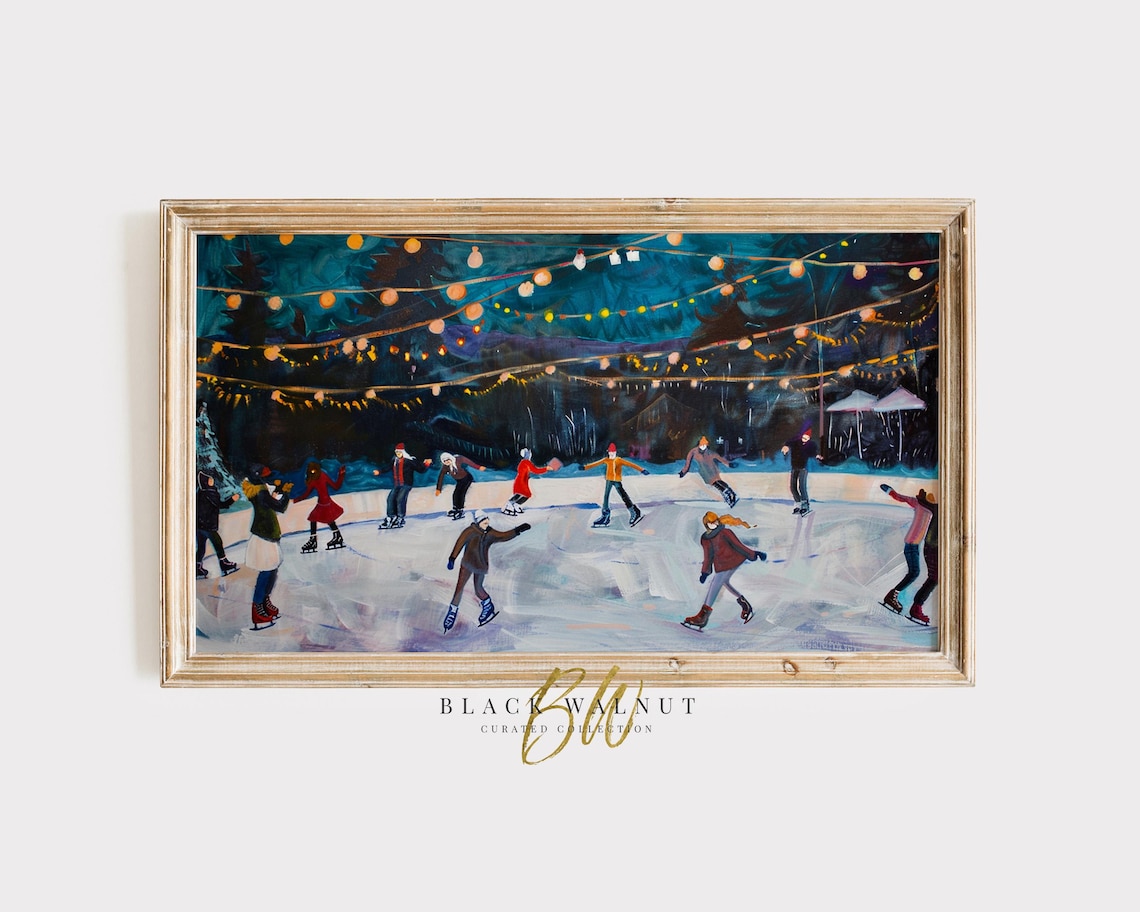 Night Ice Skating Rink Painting Festive Skaters String Lights Wall Art
