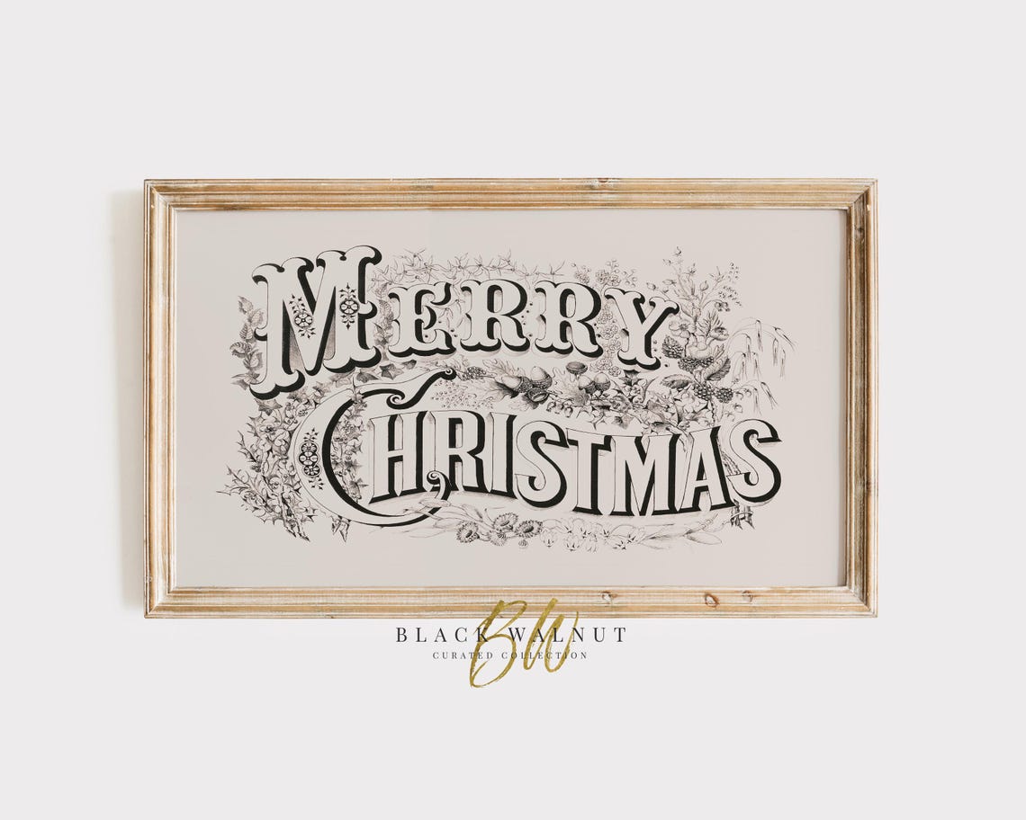Vintage Merry Christmas Lettering Botanical Holiday Greeting Wall Art