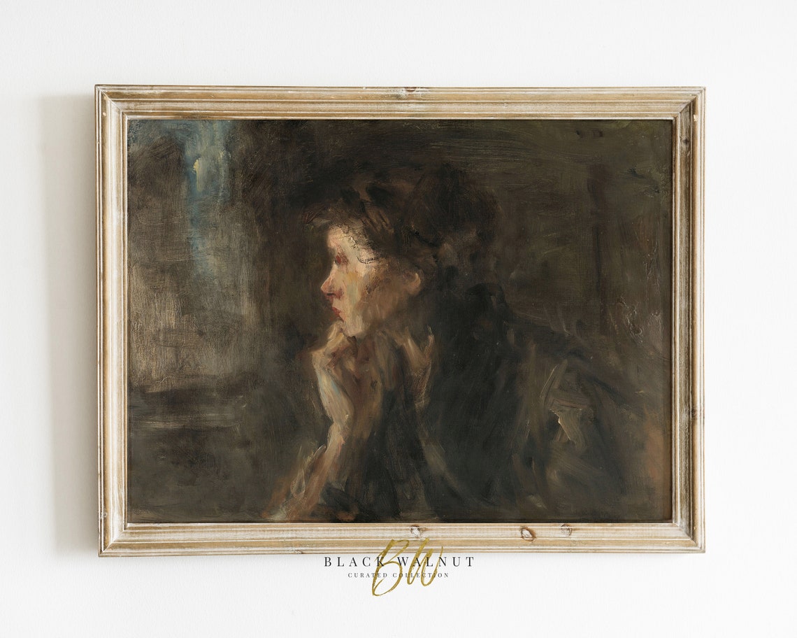 Profile Of A Woman Art Vintage Female Portrait Print Of Antique Oil Painting Moody Wall Art French Farmhouse Horizontal Print