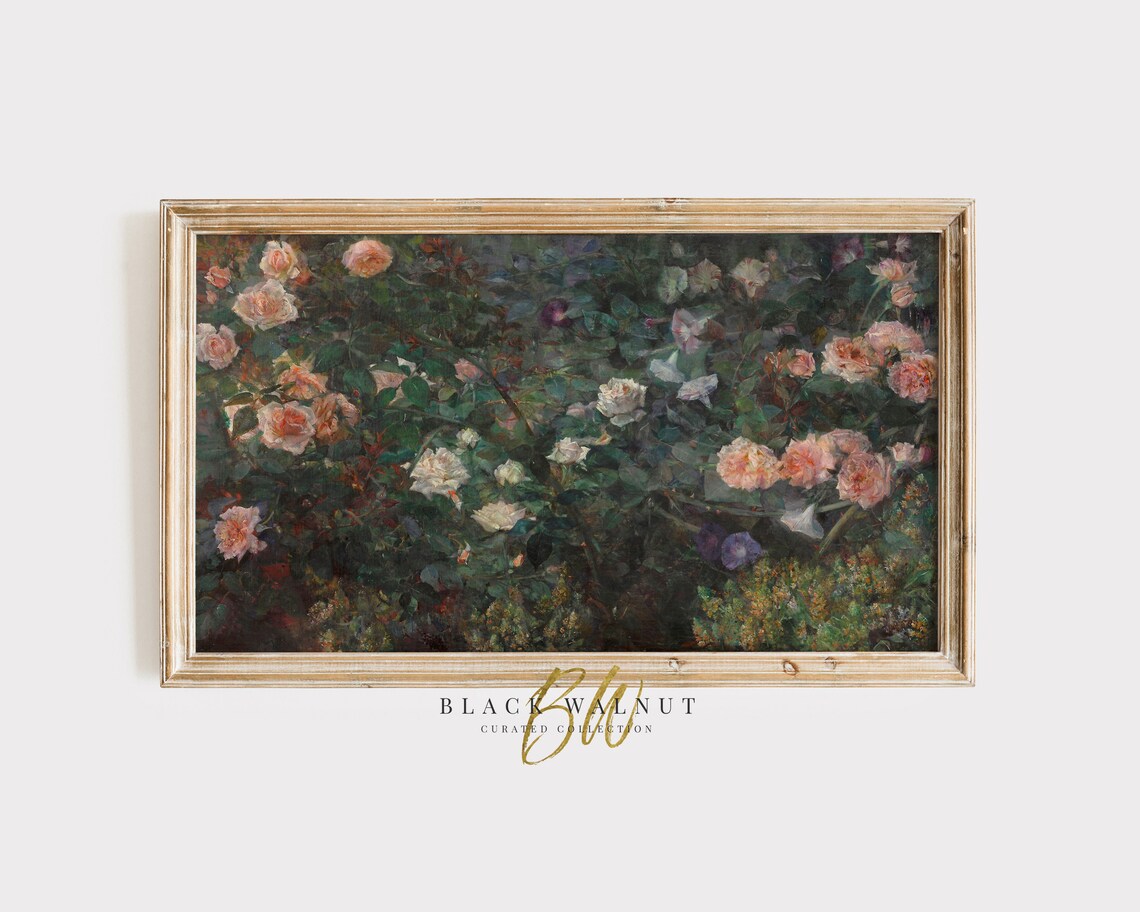 Vintage Oil Painting Lush Rose Bush Pink White Roses Garden Poster