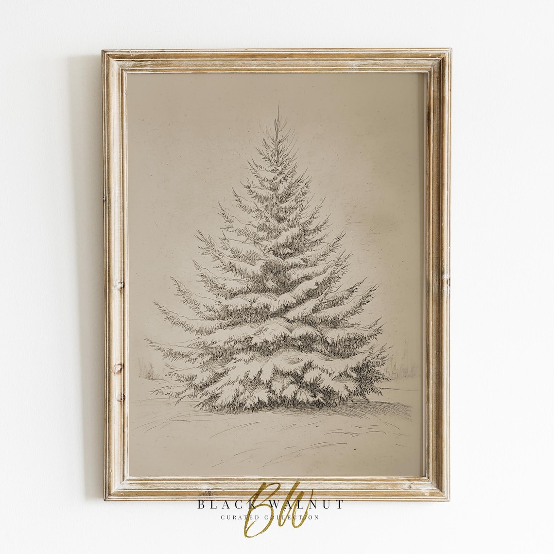 Vintage Snowy Fir Tree Sketch Minimalist Winter Holiday Wall Art Print