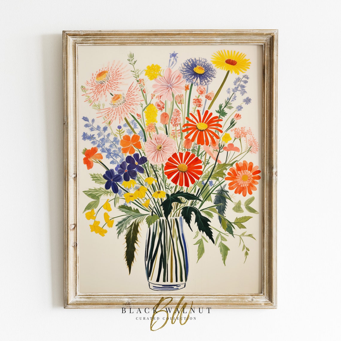 Colorful Flower Bouquet Vase Illustration Maximalist Floral Wall Print