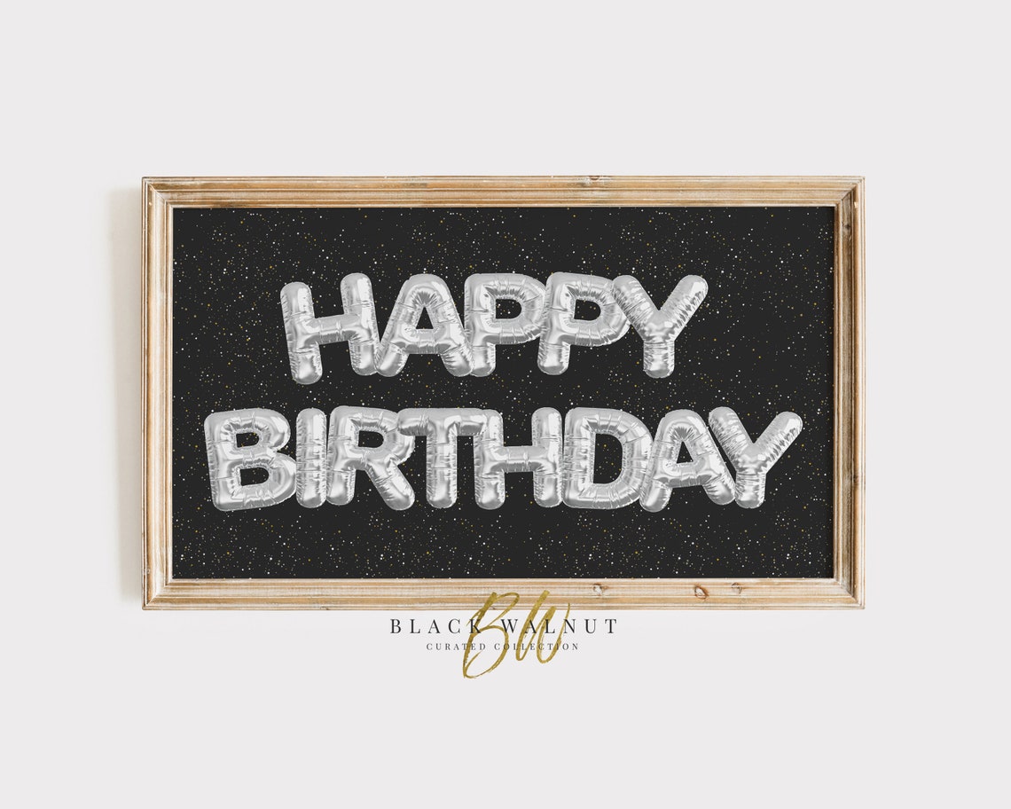 Silver Happy Birthday Foil Balloons Black Party Decor Wall Art Poster