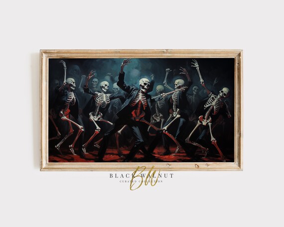 Skeletons Dancing in Suits with Red Accents Spooky Halloween Party Poster