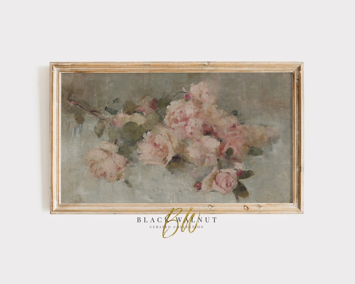 Frame Tv Art Muted Pink Roses French Country Vintage Flowers Still Life Antique Floral Painting Frame Tv