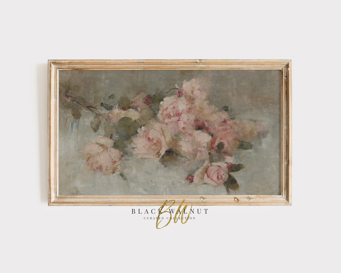 Muted Pink Roses Vintage Still Life Painting Antique Floral Wall Art