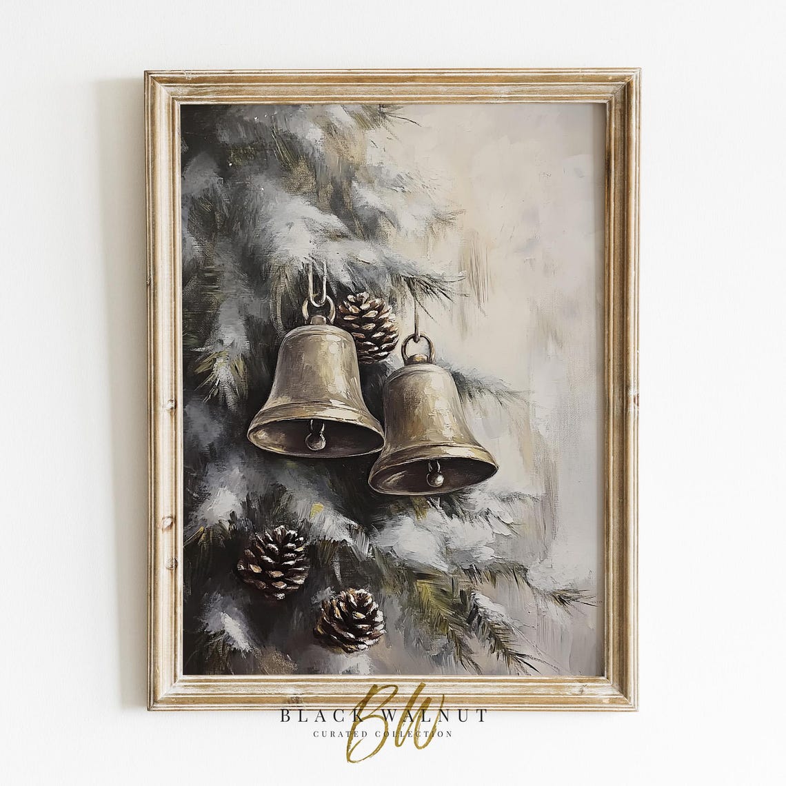Vintage Brass Christmas Bells Pinecones Snowy Branches Holiday Poster