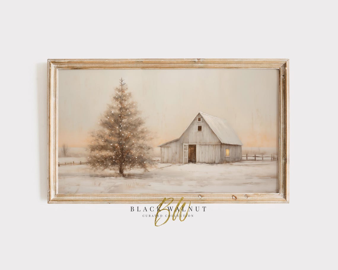 Rustic Snowy Barn With Lit Christmas Tree Winter Farm Scene Poster