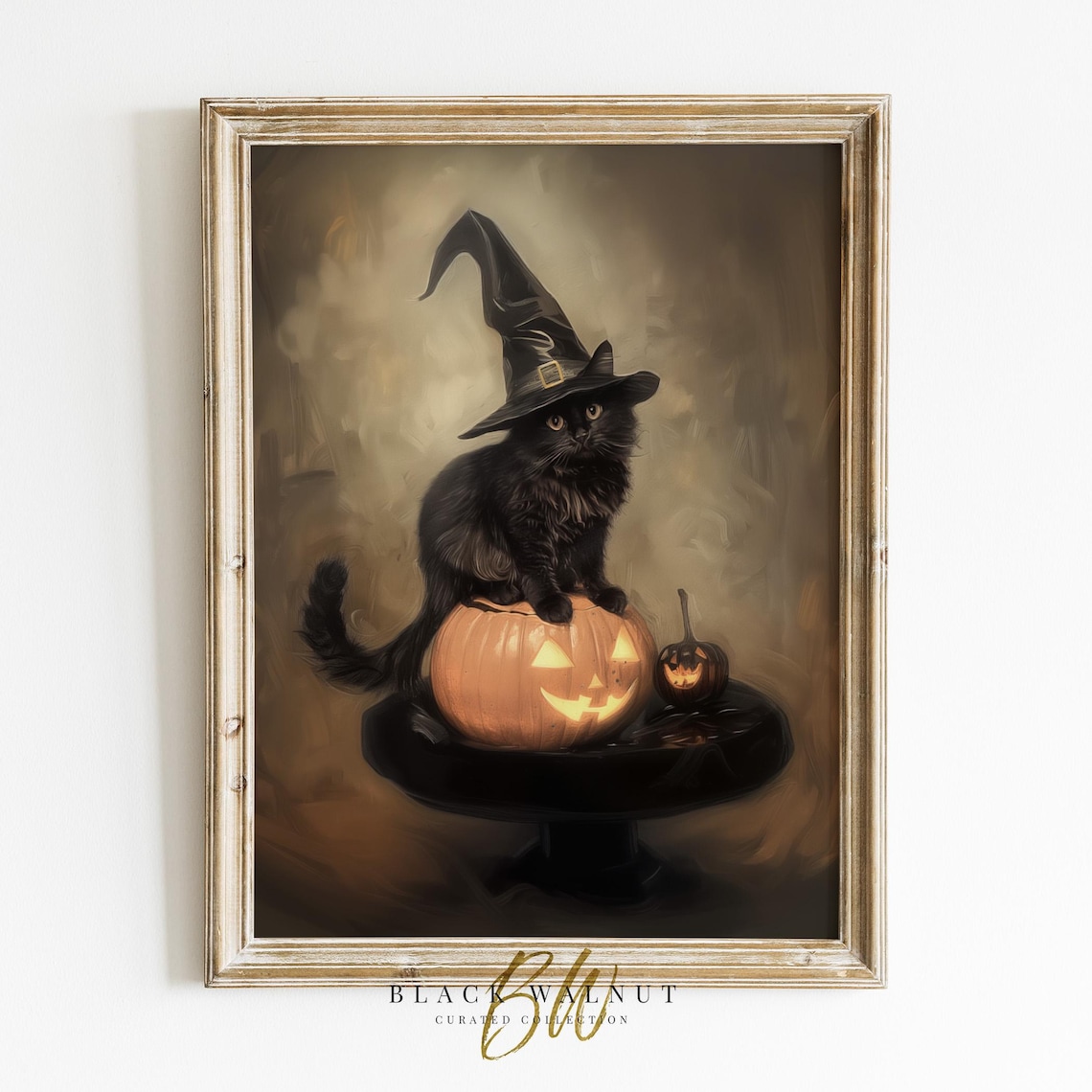 Black Cat In Witch Hat On Pumpkin Vintage Halloween Cat Lover Print