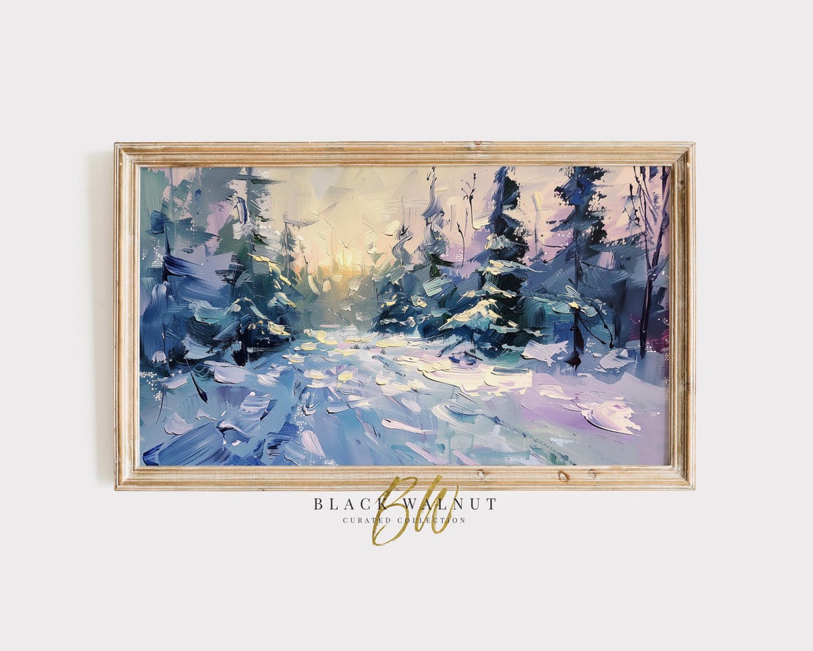Pastel Winter Forest Path Snowy Trees Sunrise Purple Pink Wall Poster
