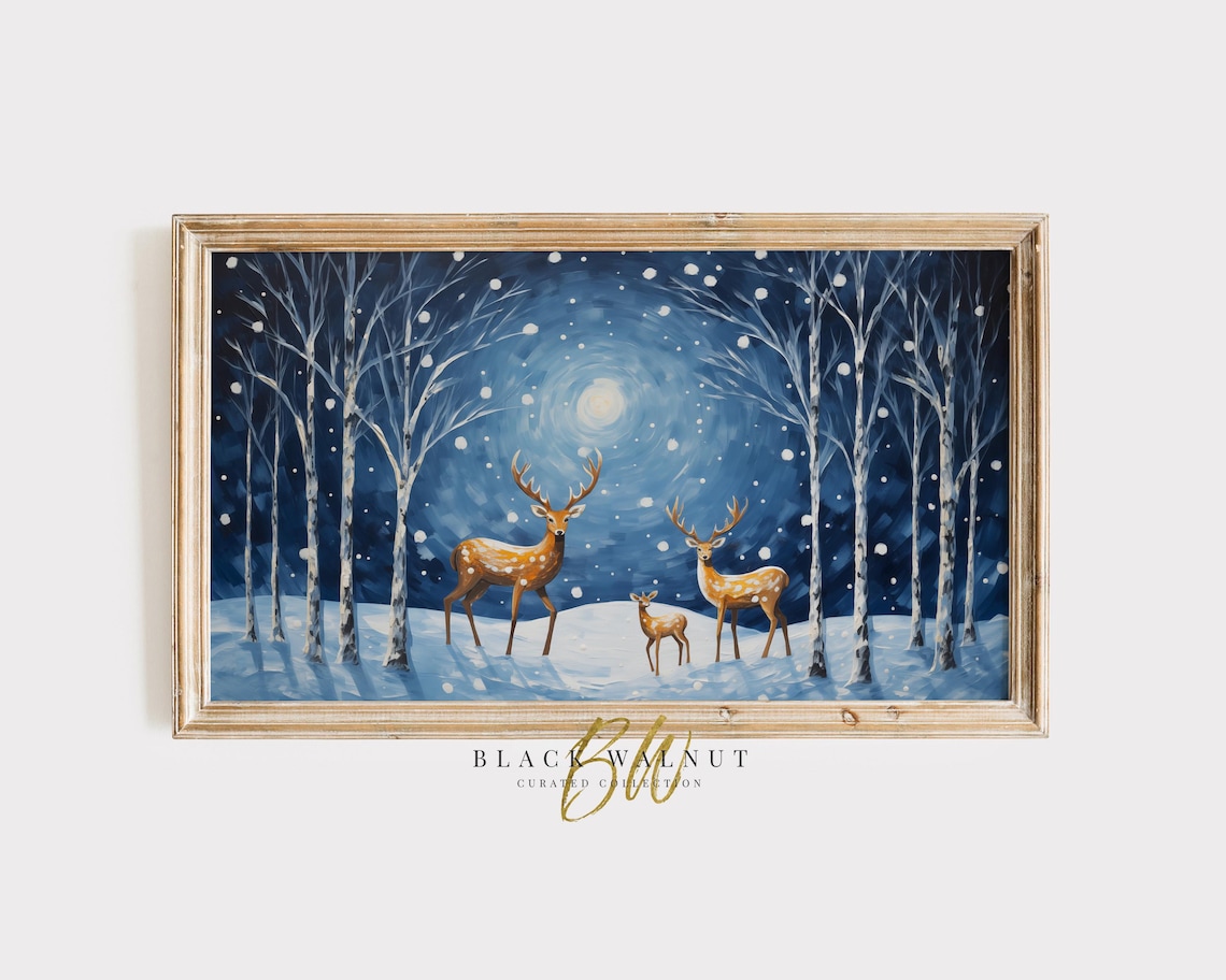 Reindeer in Snow Winter Blue Landscape Art Print