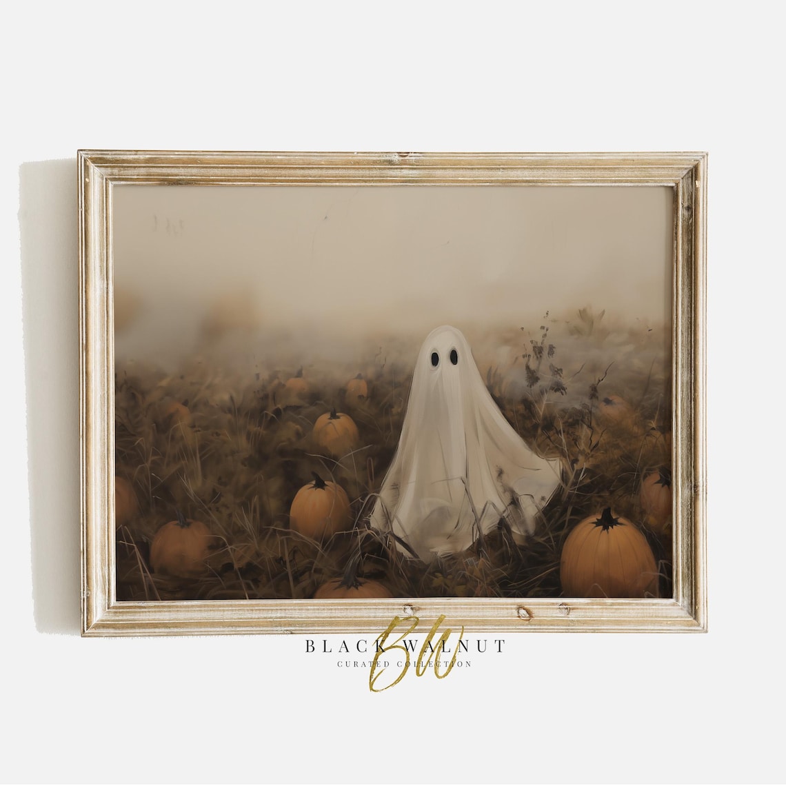 Ghost in Pumpkin Patch Art Print, Vintage Halloween Decor