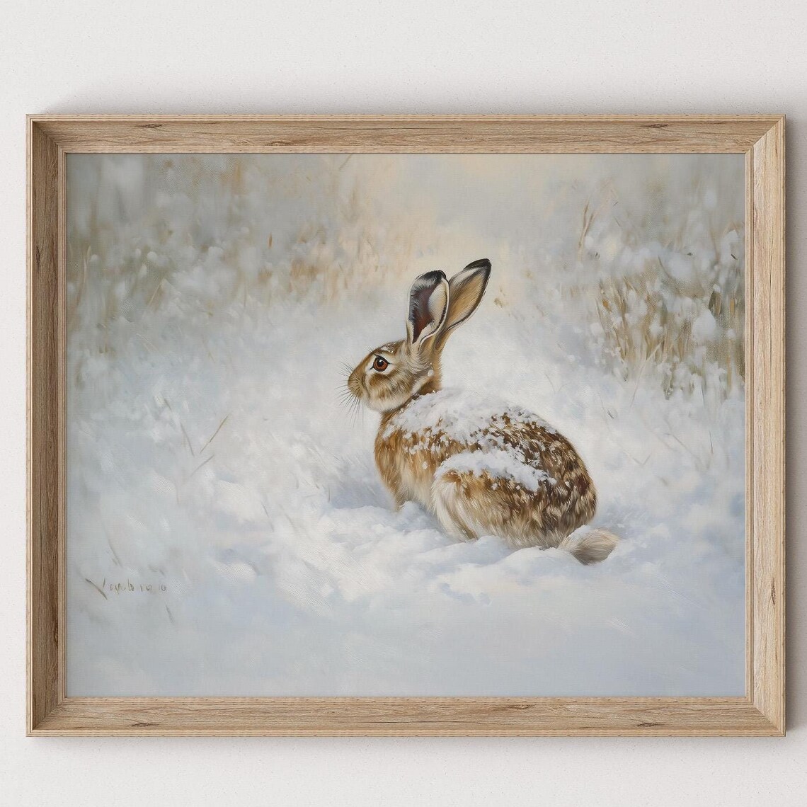 Winter Hare Portrait In Snow Close Up Wildlife Painting Poster - Image 7