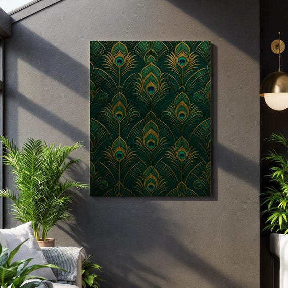 Peacock Feather Art Deco Wall Print Emerald And Gold Elegant Canvas Luxe Patterned Poster For Glam Rooms Framed Exotic