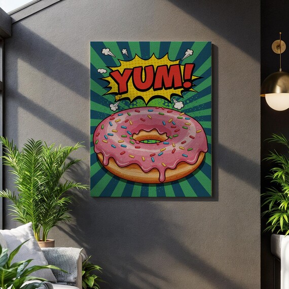 Yum Pink Frosted Donut Pop Art Canvas Colorful Comic Sprinkles Wall Art