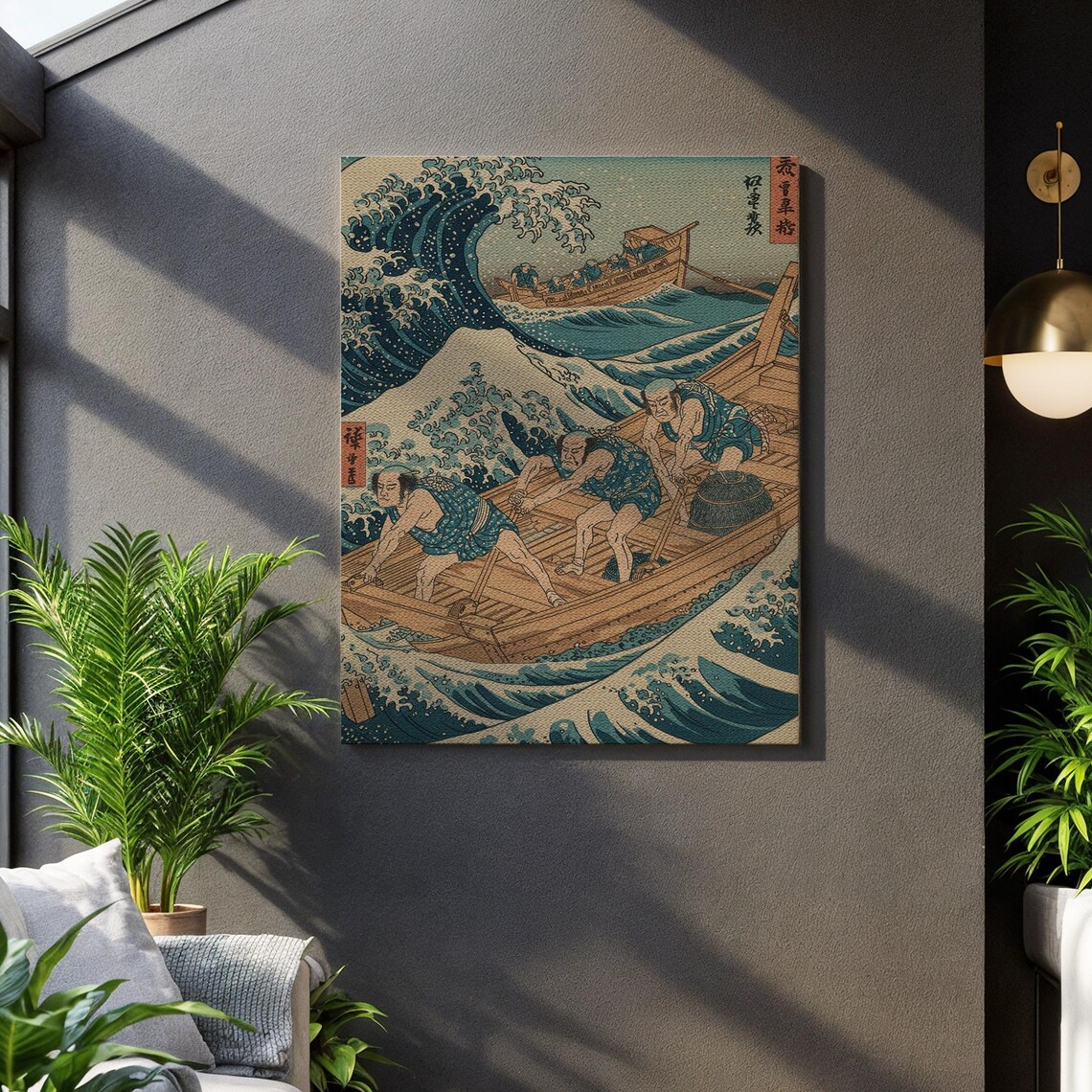 Japanese Great Wave Ocean Fishermen Boats Woodblock Style Poster