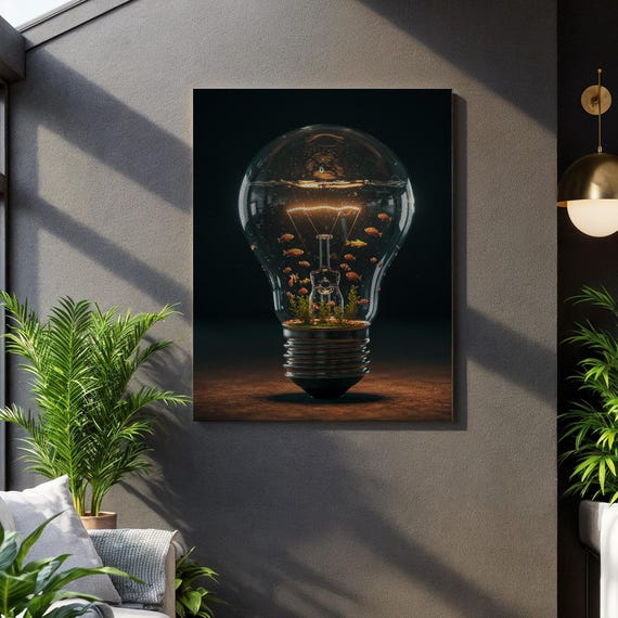 Aquarium Light Bulb Canvas Wall Art Surreal Miniature Fish Tank Inside Glass Lamp Moody Realism Print Unique Gift For Creative Decor