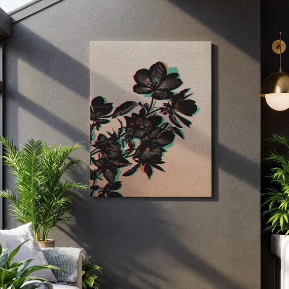 Black Floral Silhouette Canvas Wall Art Modern Botanical Shadow Print With Red And Teal Accents Minimalist Artwork For Home Decor