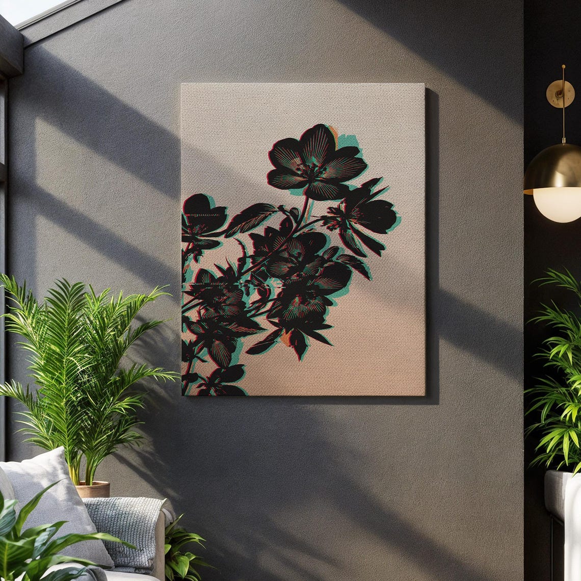 Black Floral Silhouette Canvas Wall Art Modern Botanical Shadow Print With Red And Teal Accents Minimalist Artwork For Home Decor
