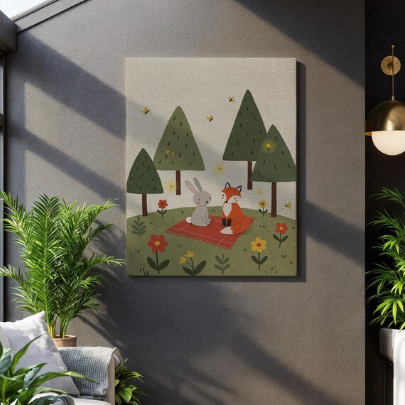 Fox and Bunny Forest Picnic Cute Woodland Animals Canvas Wall Art