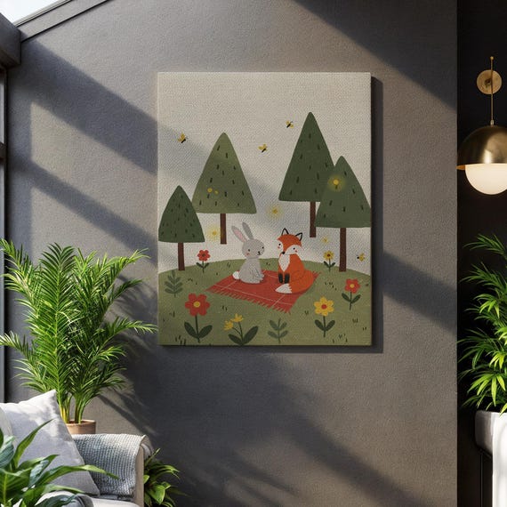Whimsical Fox And Bunny Canvas Wall Art Cute Animal Picnic In Forest Sceneplayful Nature Illustration Print For Kids Room Or Nursery Decor