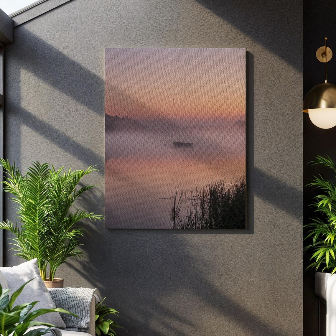 Minimalist Lake Boat Art Print, Misty Sunset Landscape
