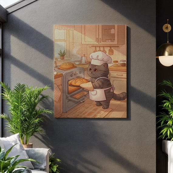 Baking Cat Canvas Wall Art Cute Chef Kitty In Kitchen With Fresh Bread Whimsical Animal Illustration Framed Gift For Cozy Homecafe Decor