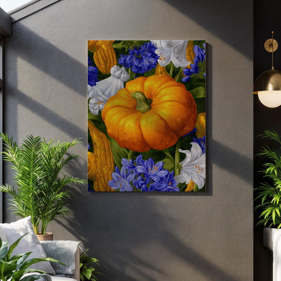 Orange Pumpkin Blue Agapanthus Autumn Floral Still Life Poster