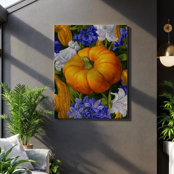 Autumn Floral Painting Framed Fall Decoration Blue Flower Wall Art Thanksgiving Canvas Moody Botanical Print Pumpkin Still Life