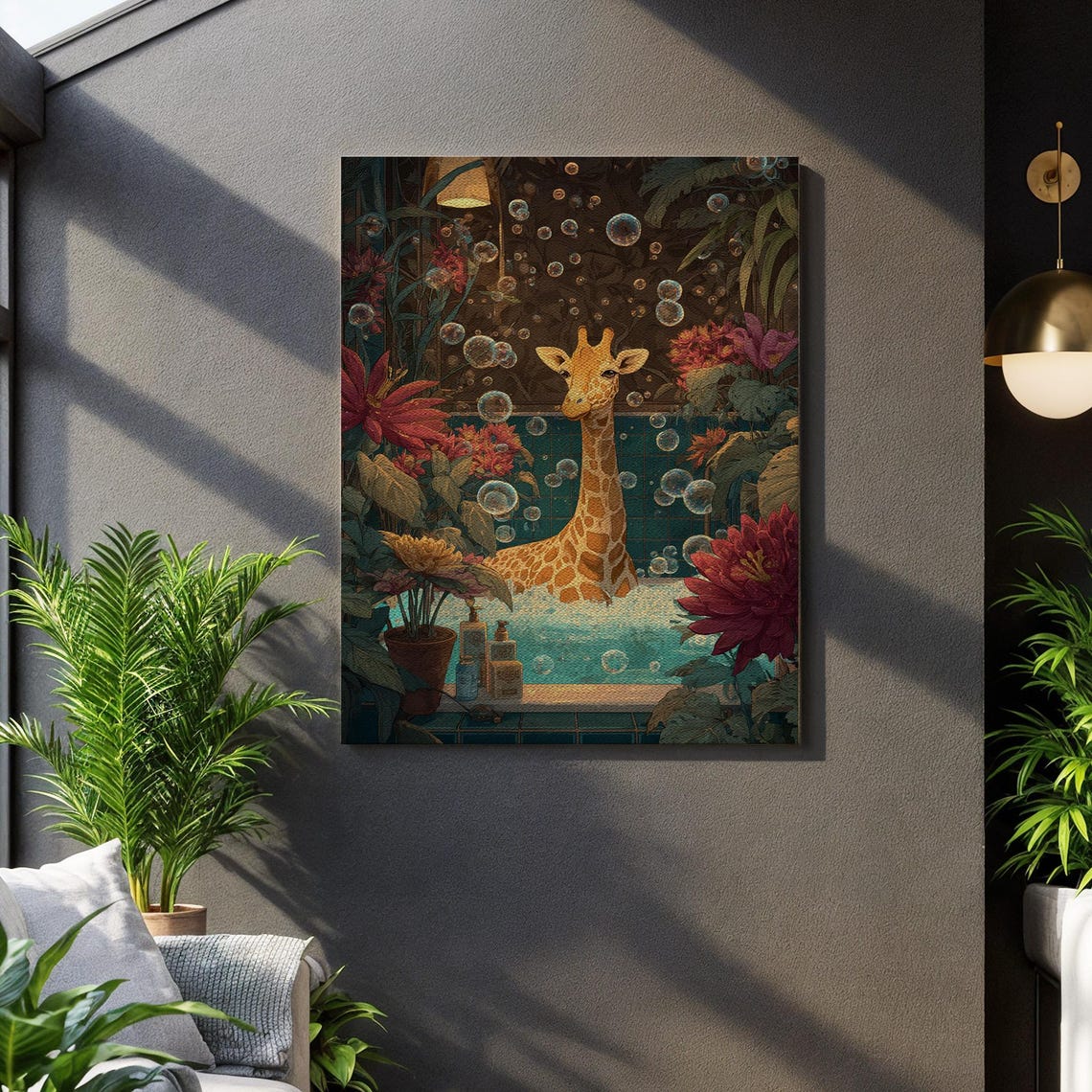 Giraffe In Bathtub Bubbles Whimsical Tropical Bathroom Art Poster