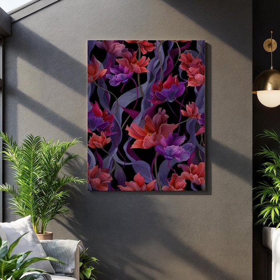 Dark Floral Fantasy Moody Botanical Purple Red Flowers Black Poster