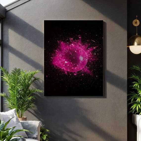 Pink Shattered Disco Ball Exploding Glitter Party Canvas Wall Art