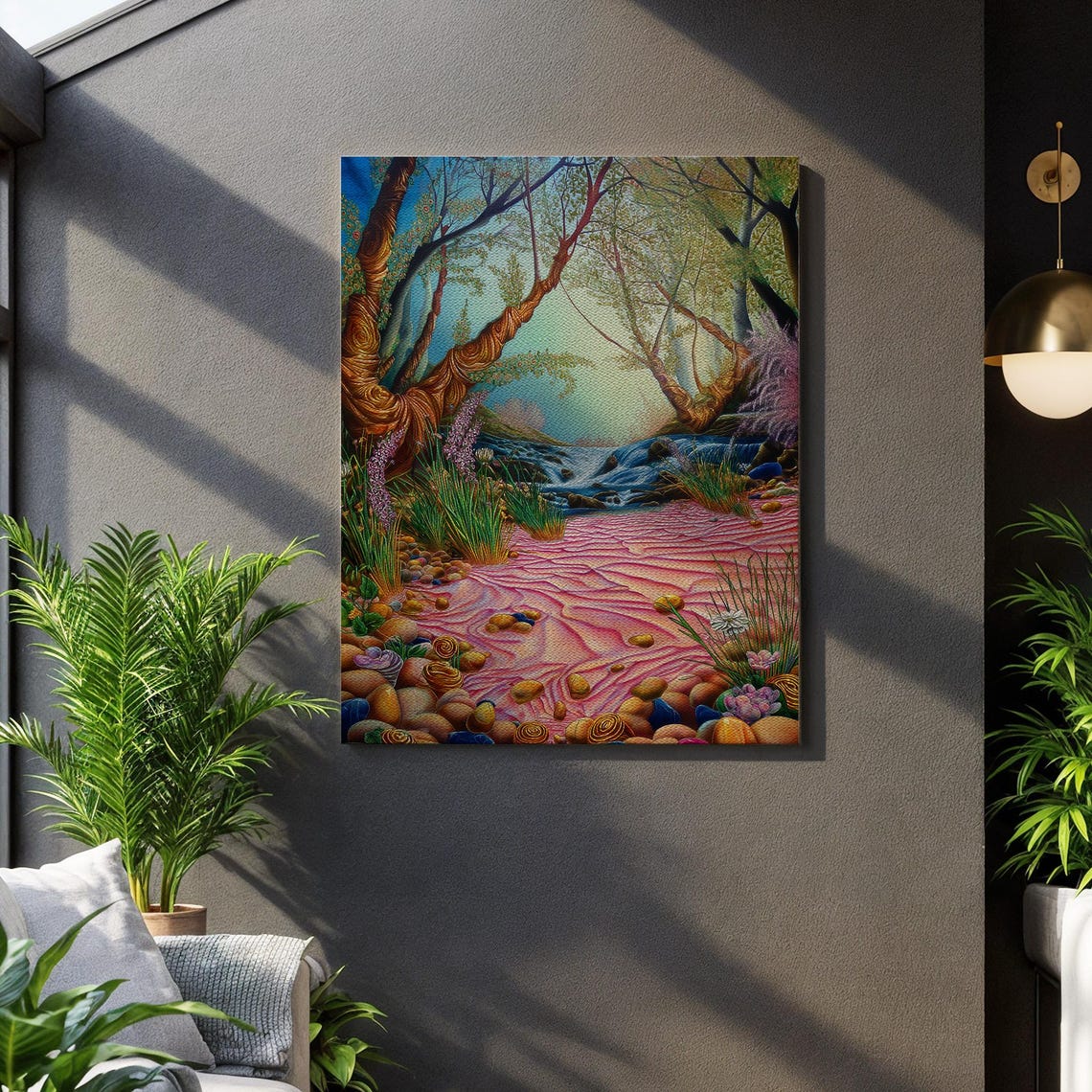 Dreamy Pink Pebble Riverbank With Waterfall And Twisted Trees Poster