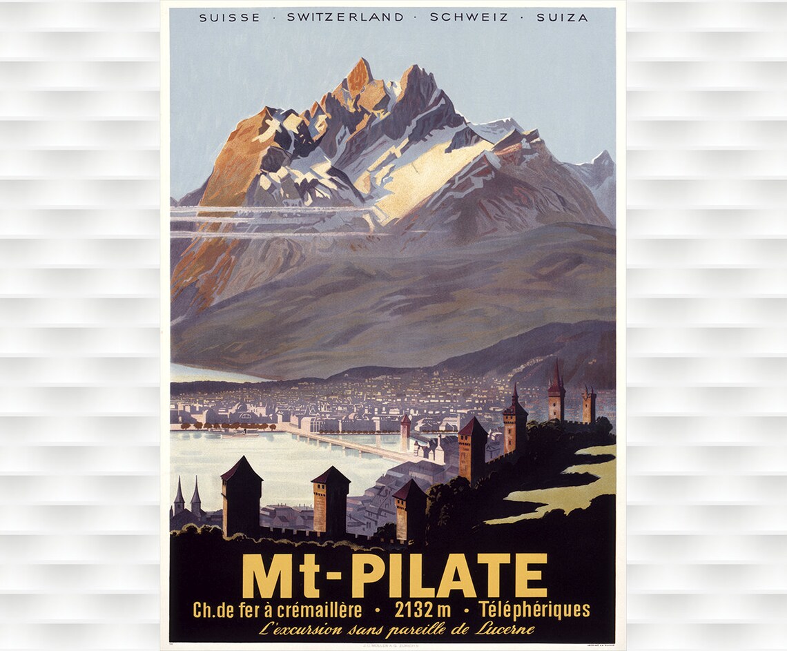 Mt Pilate Lucerne Switzerland Mountain Railway Vintage Travel Poster