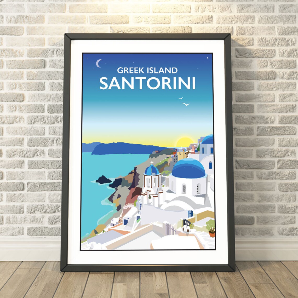 Santorini Greek Island Sunset Blue Domes Vintage Travel Poster