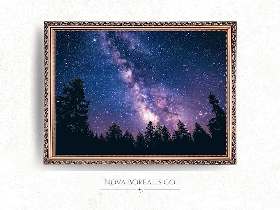 Starry Night Sky Over Forest Silhouette Milky Way Wall Art Celestial Landscape Decor Cosmic Scene 17