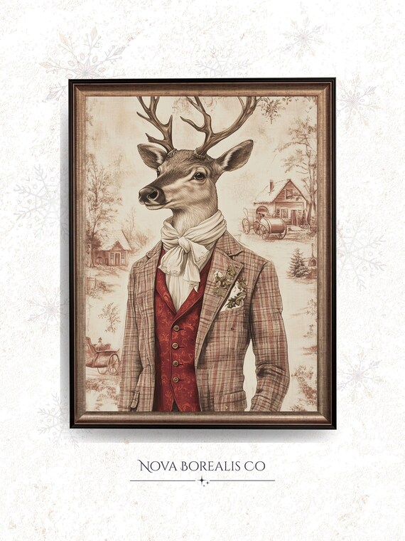 Rustic Vintage Stag Portrait Antique Deer In Tweed Jacket Classic Farmhouse Wall Art Charming Decor 93