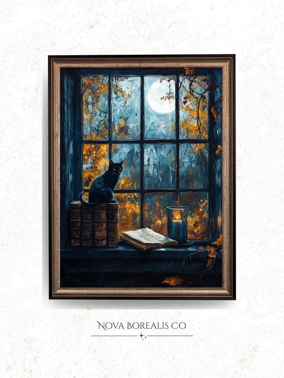 Black Cat On Moonlit Windowsill Painting Books Candle Autumn Night Poster