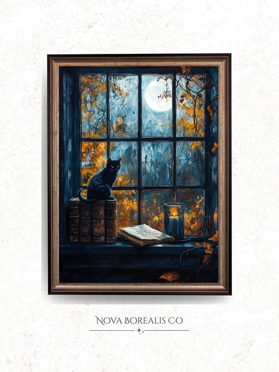 Moody Vintage Cat On Windowsill Black Painting With Moonlit Scene Wall Art Academic Decor 59