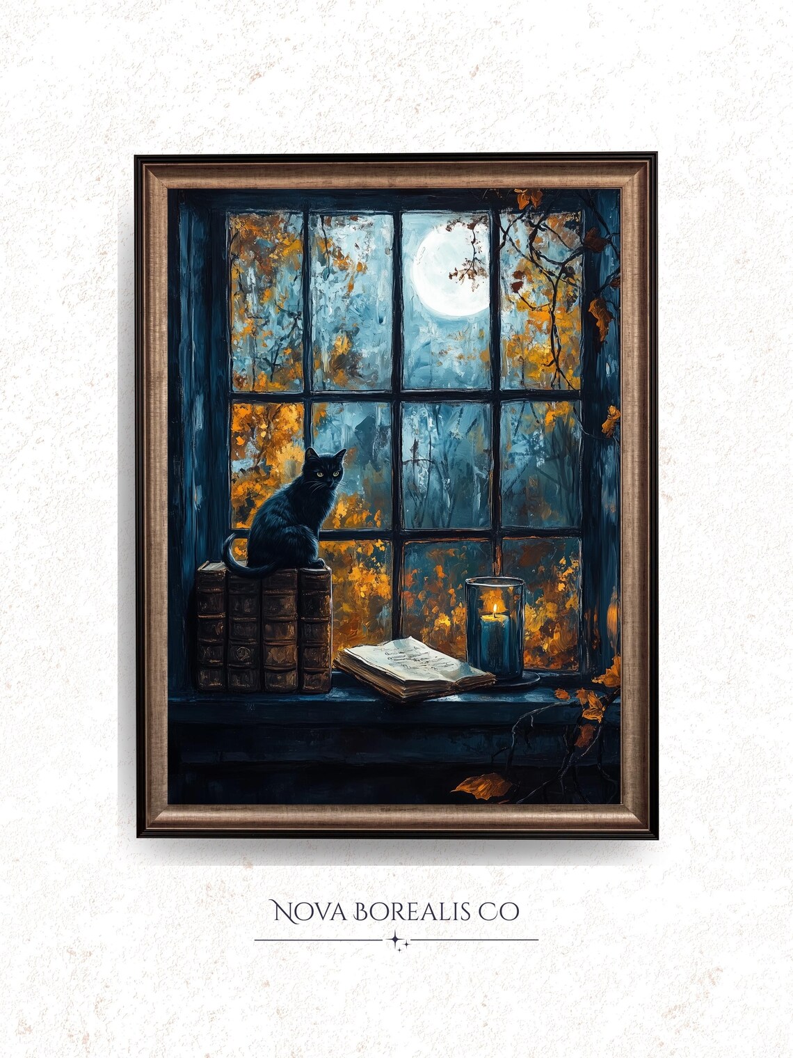 Black Cat On Moonlit Windowsill Painting Books Candle Autumn Night Poster