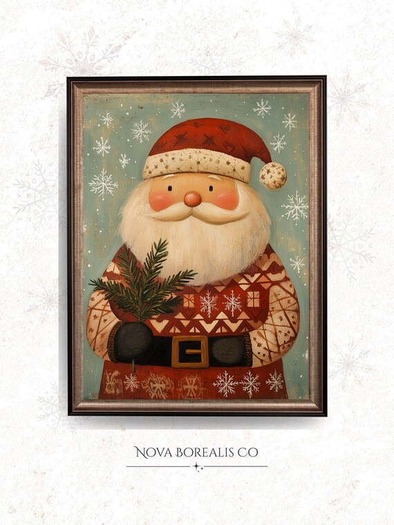 Santa Claus Vintage Scandinavian Folk Art Cozy Christmas Poster