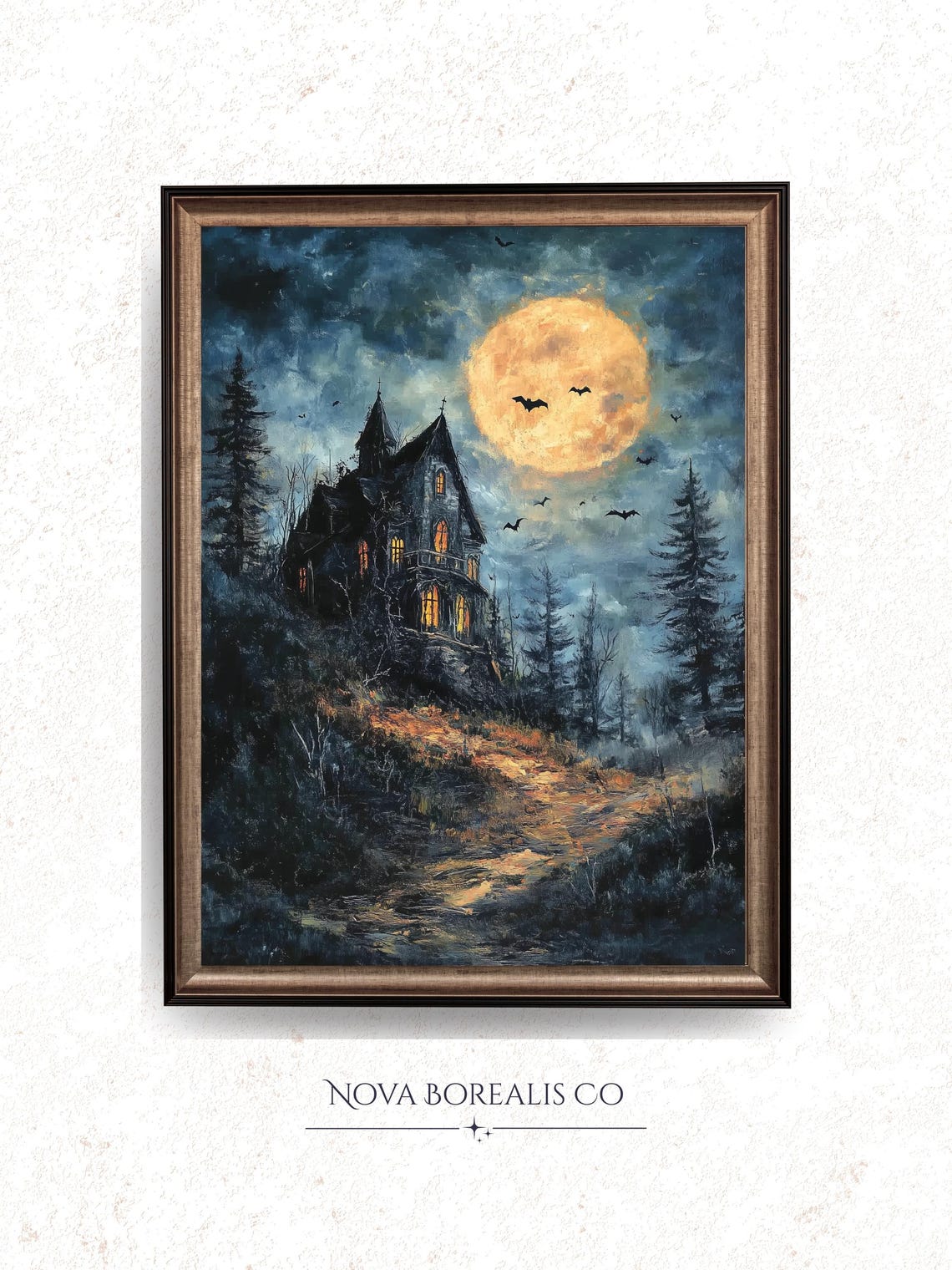Gothic Haunted House Harvest Moon Bats Vintage Oil Painting Poster