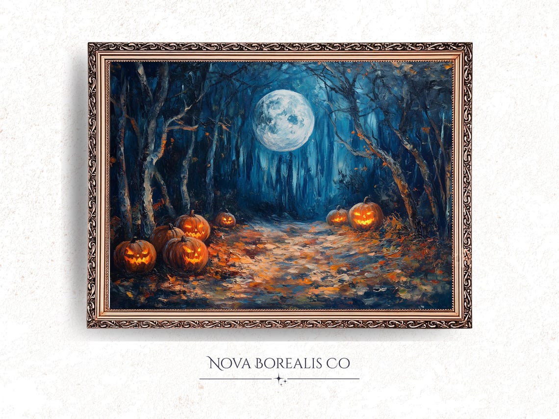Spooky Halloween Haunted Forest Painting Dark Gothic Art Full Moon Glowing Jackolanterns Twisted Trees Autumn Print 24