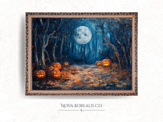 Spooky Halloween Haunted Forest Painting Dark Gothic Art Full Moon Glowing Jackolanterns Twisted Trees Autumn Print 24