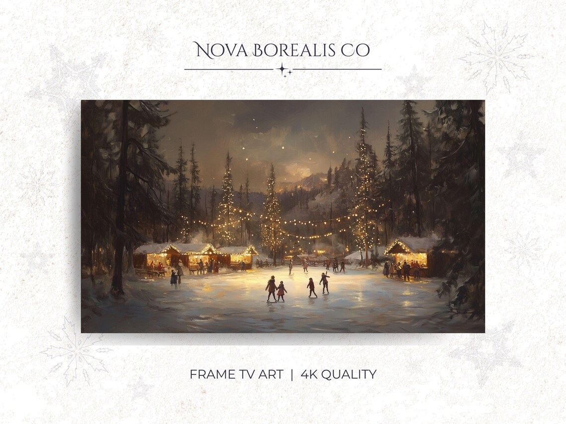 Vintage Winter Night Market Christmas Trees Ice Skaters Scene Poster