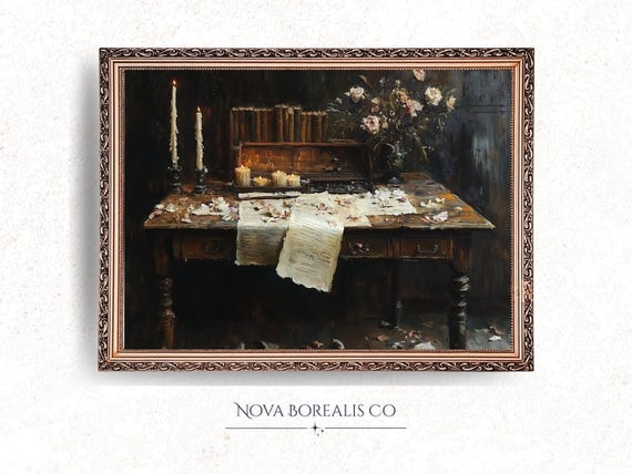 Dark Academia Vintage Writing Desk Candles Letters Moody Still Life Poster