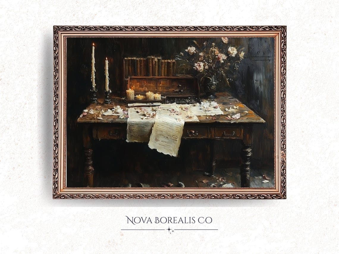 Dark Academia Vintage Writing Desk Candles Letters Moody Still Life Poster