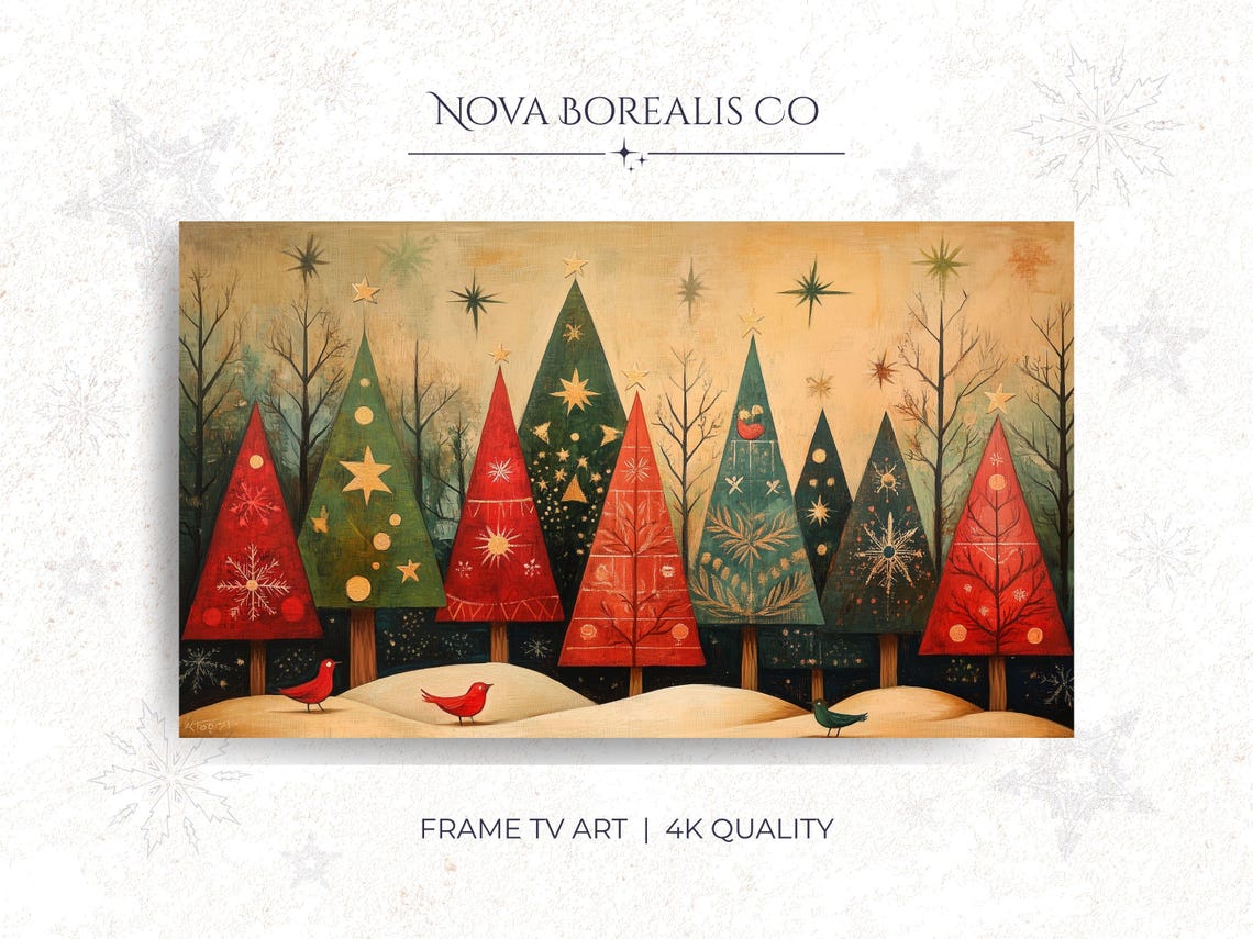 Scandinavian Folk Art Christmas Trees Panoramic Vintage Wall Art